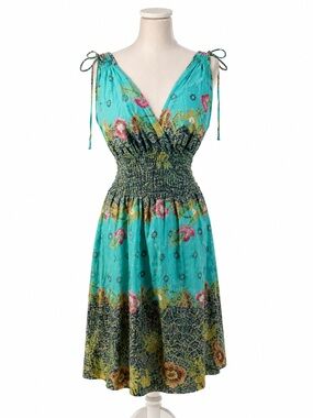 Forever 21 Floral Boho Dress Small Smocked Waist Tie Shoulder Summer Cottagecore